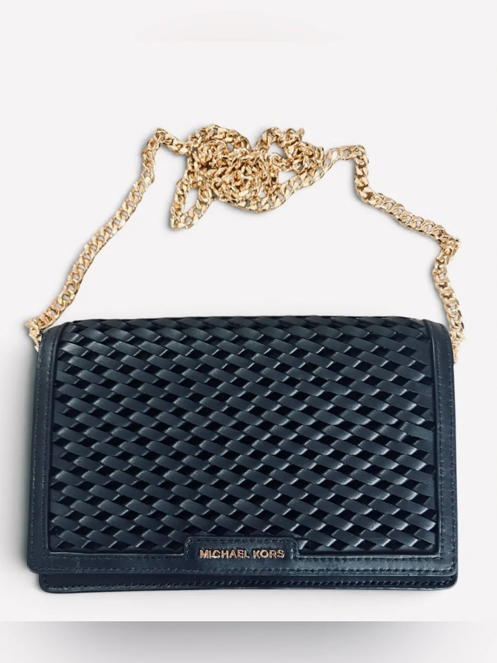 Michael Kors Jet Set Medium Black Woven Leather Crossbody with Gold Chain Strap